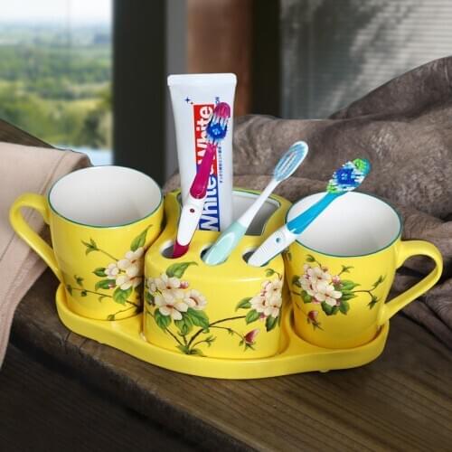 Bathroom Accessories Set Chinese Ceramic Toothbrush Holder Gargle Cups With Tray Flower and Bird Painting Marry Birthday Present