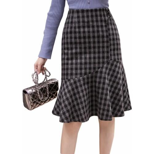 LUKAXSIKAX 2020 New Autumn Winter Women Skirt High Quality Retro Plaids High Waist Slim Midi Skirt Elegant Mermaid Skirt