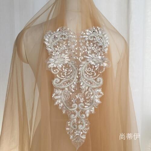 Wholesela Beaded & Sequin Embroidered Applique Medallions Piece Lace For Wedding Bridal Dress Applique Lace