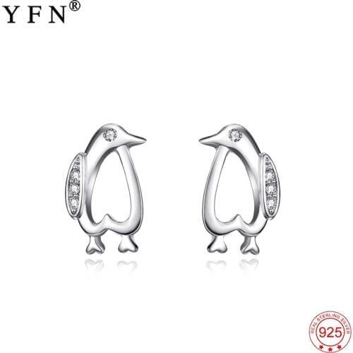 Genuine 925 Sterling Silver Earring Love Heart Cute Penguin Crystal CZ Stud Earrings Lovely Jewelry Kolczyki Gift For Women