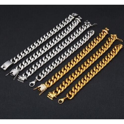 Punk Style Curb Cuban Link Chain Bracelet Jewelry for Men Women 316L Stainless Steel Bracelet 14mm Wide