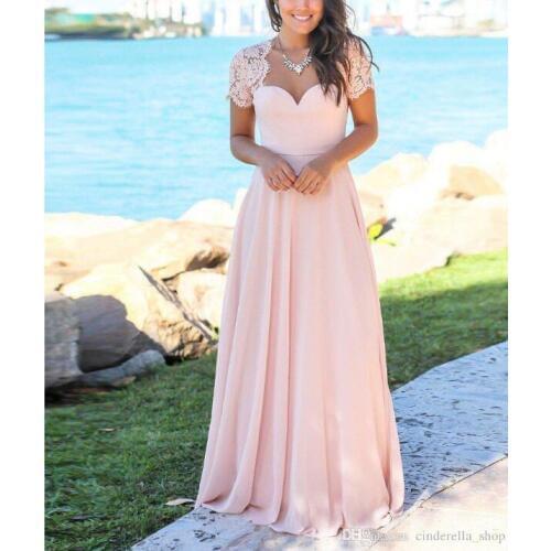 Blush Bridesmaid Dress 2019 Hollow Back Lace Top Sweep Train Chiffon Beach Garden Wedding Guest Gowns Maid Of Honor Dress