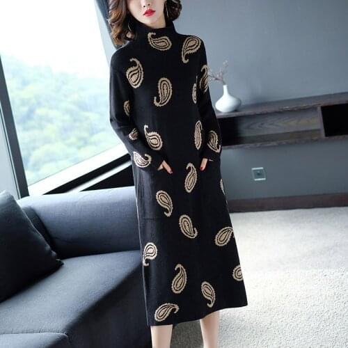 ZUOMAN Autumn and winter 2020 new knitting jacquard knitting high-necked wedding banquet office knee-length hair dress A-Line
