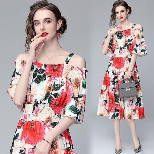 WTIANYUW 2021 Summer Fashion Runway Boho Dress Women Off Shoulder Spaghetti Strap Elastic Waist Floral Print Elegant Party Dress