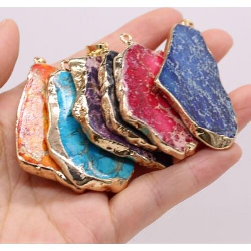 Natural Semi-precious Stone Pendant Irregular Gilded Edge Emperor Stone for Jewelry Making Necklaces Gift