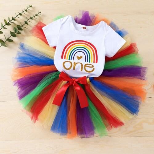 0-24M Newborn Baby Girl Short Sleeve Rainbow Cotton Bodysuit Tops Tutu Tulle Skirt 2PCS Outfits Summer Holiday Clothes Set