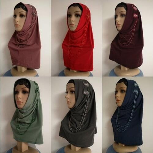 Ramadan Muslim Women Beaded Hijab Cap Instant Head Cover Khimar Islamic Headscarf Shawls Femme Ladies Headwear Arab Turban Hat