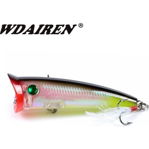 WDAIREN Topwater Popper Fishing Lure 7.8cm 10.5g With Feather Hooks laser Hard Bait Artificial Wobblers Plastic Fishing Tackle