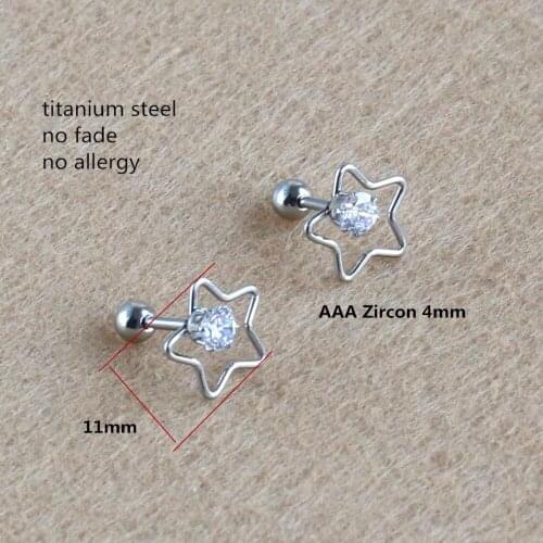 Titanium Stud Earrings Screw-back 11mm Star-shape With AAA Zircon 316 L Stainless Steel No Fade No Allergy