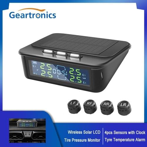 Wireless Solar Car TPMS LCD Vehicle Tire Pressure Monitoring Tyre Temperature Alarm Warning System With Clock & 4 Sensors