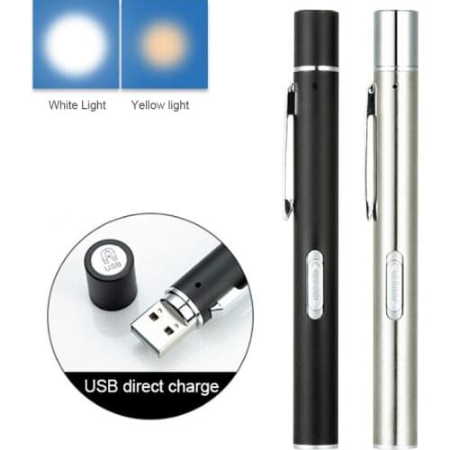 USB Rechargeable Mini Pocket Flashlight Yellow White Double Light Source Stainless Steel Clip Handy Pen Light LED Torch Lamp