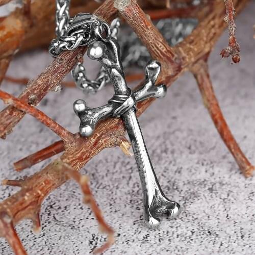 Vintage Stainless Steel Human Bone Cross Necklace Pendant Punk Rock Goth Hip Hop Domineering Gift Wholesale