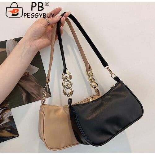 Women PU Solid Color Bag Shoulder Underarm Vintage Thick Chain Handbags Underarm All-match Fashion High Street Shopping Bag