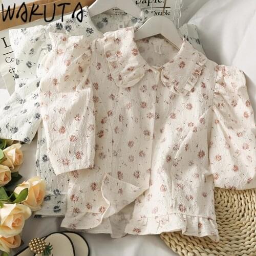 WAKUTA Sweet Vintage Floral Print Blouses Women 2021 New Arrival Cute Peter Pan Neck Puff Sleeve Crop Tops Femme Korean Summer