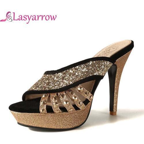 Lasyarrow Women Sandals Summer Shining Shoes 10CM High Heel Opening Toe 2018 Shoes Plus Size 32-46 Black Female Footwear RM797
