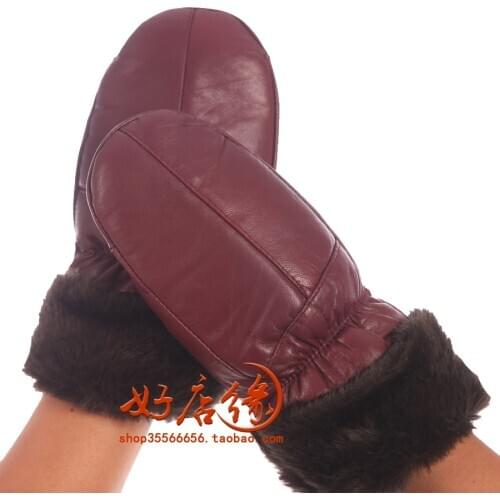 Woman autumn plus velvet solid thick 100% sheepskin Gloves female winter warm 100% leather fold Mittens lady sheepskin glove