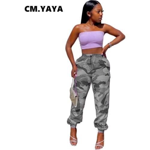 CM.YAYA Women Cargo Pants Camouflage Drawstring Waist Loose Long Trousers Fashion High Streetwear Casual Bottoms Autumn Clohitng