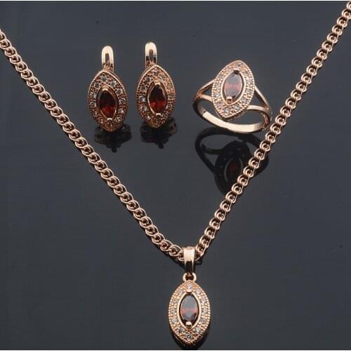 FJ Women Femme Red Cubic Zicron Stone Fashion 585 Gold Color Jewelry Earrings+Ring+Pendants Necklace Set