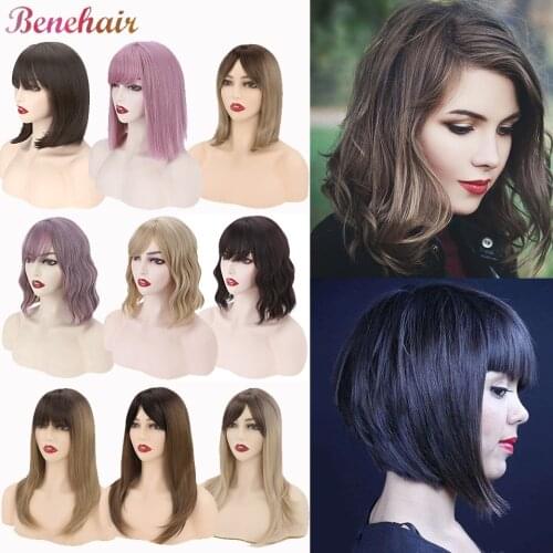 Benehair 12/14/18'' Long Straight Women Wig Synthetic Black Borwn Purple Pink Bonde Bob Wig Wavy Wig With Bangs 2021 New Fashion