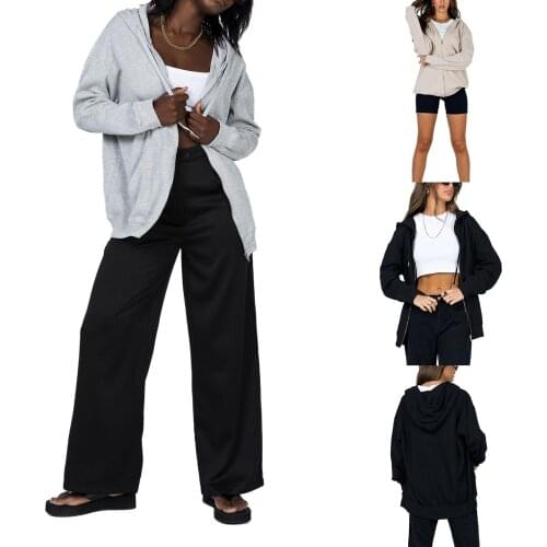 2021 Womens Fall Hoodies Casual Zip Up Pullocer Loose Long Sleeve Solid Color Drawstring Jacket with Pockets