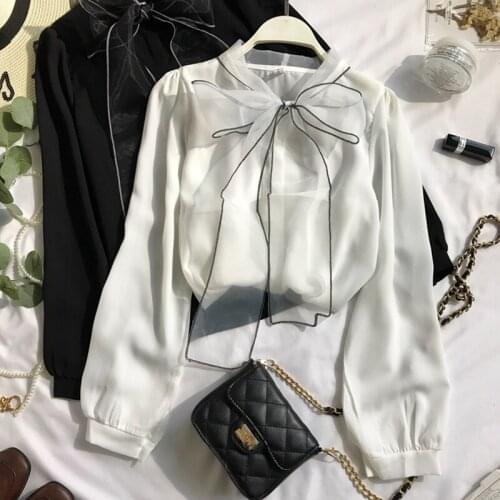 2021 New Spring Autumn New Elegant Lace Up Bow top Women Lantern Long Sleeve Solid Chiffon Shirt Slim Fit fashion tops