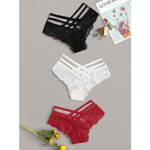 Plus Size 3PC Women Underwear Lace G-string Panties Solid Color Low Waist Underpants Woman Sexy Lingerie Thong Calcinha Feminina