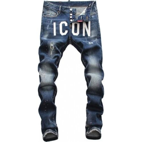 SEVEYFAN 2021 Mens Skinny Painted Jeans Letters Printed Slim fit Denim Pants for Male