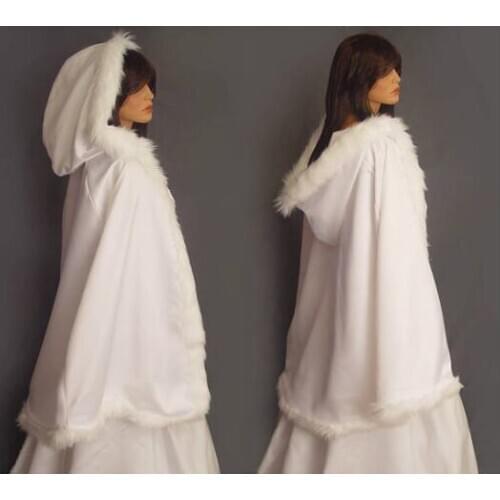 Faux Fur Trim Satin Cloak Wedding Coat Renaissance Bridal Medieval Warm Wrap White Ivory Wedding Cloaks