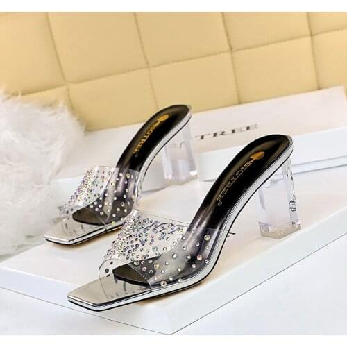 BIGTREE Summer Elegant Women 7cm Clear High Heels Slippers Mules Designer Open Toe Glitter Crystal Slides Mujer Party Bride Shoe