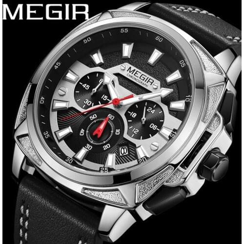 MEGIR Watch Men Chronograph Military Male Clock Top Brand Luxury Gold Genuine Leather Fashion Classic Man Sport Wristwatch 2128