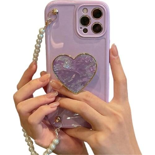 Girls Purple Heart Phone Case With Pearl Lanyard for Iphone 7 8 X XS 11 12 Ins Hot Phone Case for Iphone 12 Pro Max Case Cover
