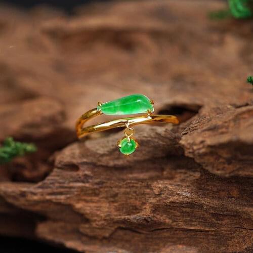 Designer original new natural sun green willow leaf with chalcedony opening adjustable ring elegant charm ladies jewelry