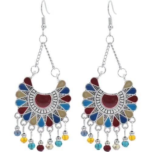 European and American Retro Palace Style Small Beads Fan-shaped Colorful Earrings For Lady Yunnan Ethnic Earrings