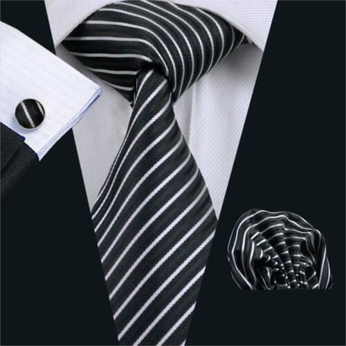 FA-394 Gents Necktie Black Stripe 100% Silk Jacquard Tie Hanky Cufflinks Set Business Wedding Party Ties For Men Free Shipping