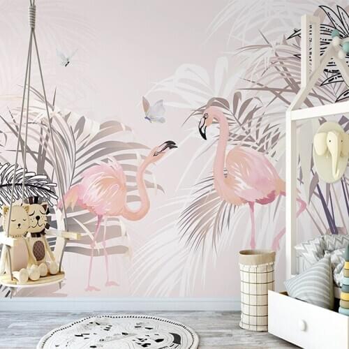Hand Painted Pink Leaf Flamingo Photo Mural Custom 3D Wallpaper For Kids Room Girls Bedroom Living Room TV Background Wall Decor