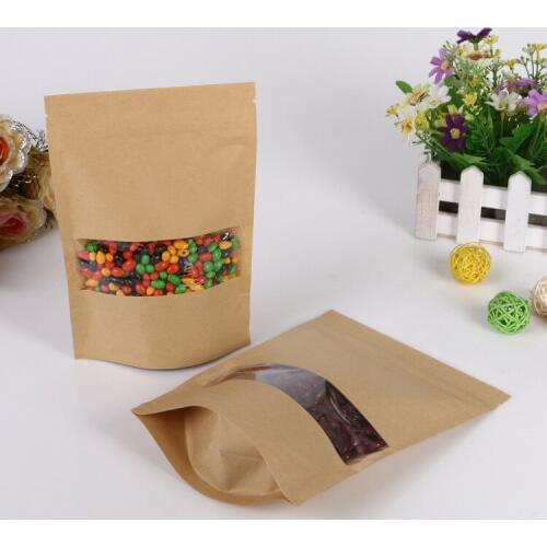 20*30+5 20pcs brown self zip lock kraft paper bags with window for gifts sweets and candy food tea jewelry retail package paper