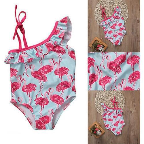 Summer Toddler Kids Baby Girl One Shoulder Strap Flamingo Swimwear Beachwear Swimsuit Bathing Suit 1-6Y