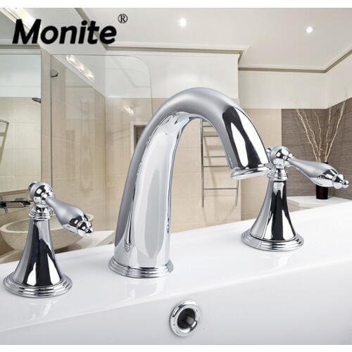 Monite Brass Bathroom 3 Pieces Faucet Set Deck Mounted Chrome Stream Double Handles Bathroom Bathtub Basin Sink Mixer Tap Faucet