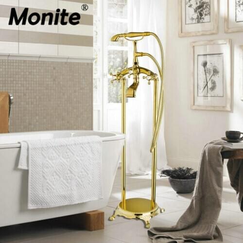 Monite Solid Brass Golden Chrome Polish Bathroom Shower Set Floor Mount Freestanding Bathtub Filler Bath Tub Faucet Set