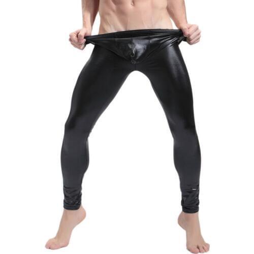 Mens Pants PU Leather Elastic Trousers Body Shapers Legging Party Clubwear Streetwear Lingerie Sexy Wetlook Gay Long Pants