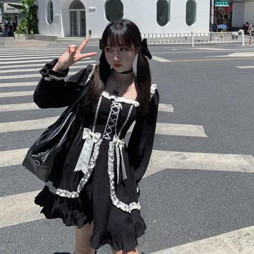 Vrouwen Zwarte Japanse Stijl Ruches Fee Boog Vlinder Mouw Kleding Harajuku Kawaii Vrouwelijke Meisjes Kleding Vestidos Dress
