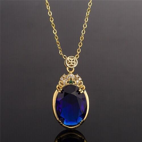 Vintage carving oval sapphire gemstones blue crystal pendant necklaces for women 18k gold zircon diamonds choker jewelry bijoux