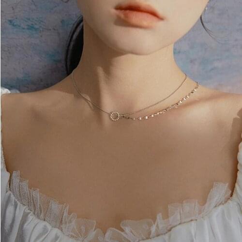 925 Sterling Silver Double Layer Circle Asymmetric Necklace for Women Geometric Clavicle Chain Necklace Choker Kolye
