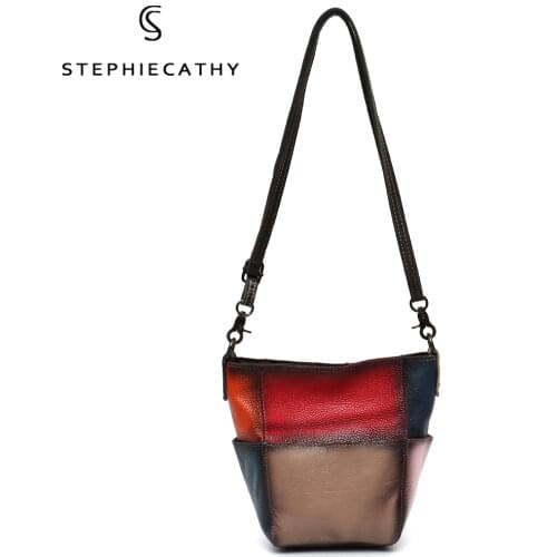 SC Luxury Colorful Real Leather Patchwork Shoulder Bags For Women Vintage Casual Small Bucket Handbags Female Cowhide Crossbody