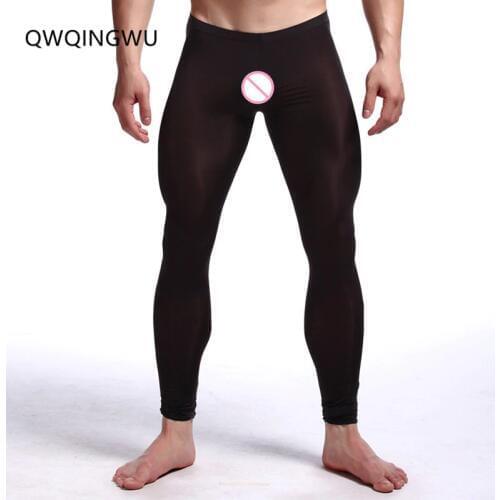 Sexy Men Long Johns See-Through Pants Tights Ice Silky Leggings Trousers Underwear U Convex Mens Wrestling Singlet Long Johns