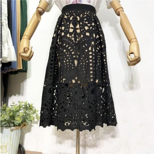 Spring High-Waist Lace Skirt Female Autumn Korean Style Hollow Crochet A-Line Skirt Over The Knee Small Umbrella Skirt