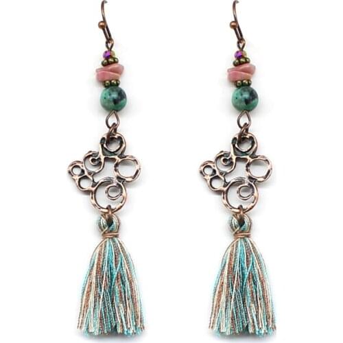 Vintage Totem Chinese Traditional Mottled Lucky Clouds Colorful Beads Bronze Tassels Long Earrings Female Jewelry