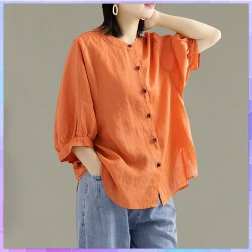 Plus Size Oversized T-shirt Womens Cotton And Linen Tee Shirt Summer Casual Loose Solid Top Lantern Sleeve Button-down T-shirts