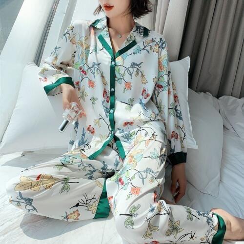 Ice Silk Women Pajamas Women Long Sleeve Trousers Twinset Printing Fashion Sleepwear