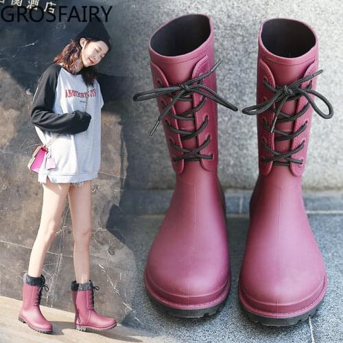 Womens Rain Boots Waterproof High Heels Fashion Girls Shoes Ladies Short Ankle PVC Rain Boots Non-slip Fur Leather Boots
